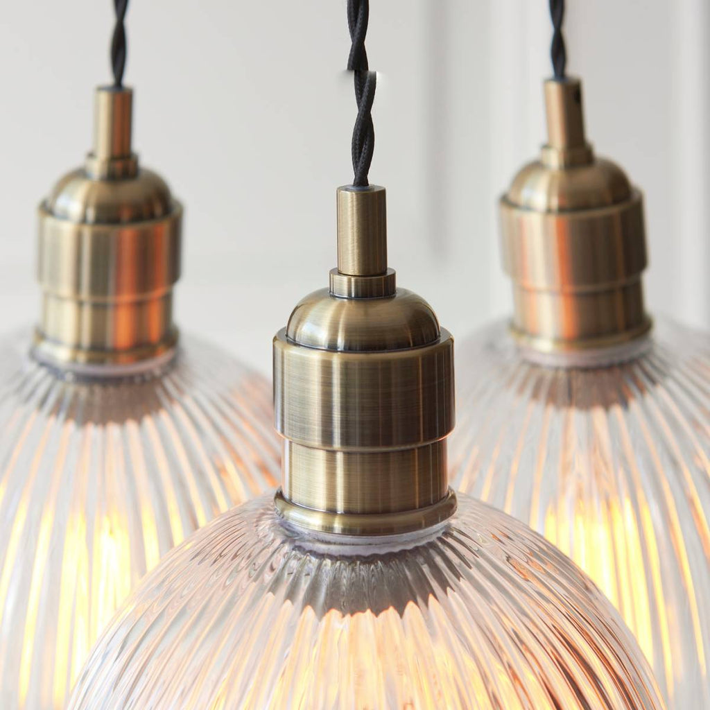 Novena Tarn 3 Light Cluster Pendant in Antique Brass with Clear Ribbed Glass Shades