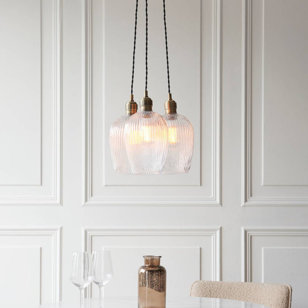 Novena Tarn 3 Light Cluster Pendant in Antique Brass with Clear Ribbed Glass Shades