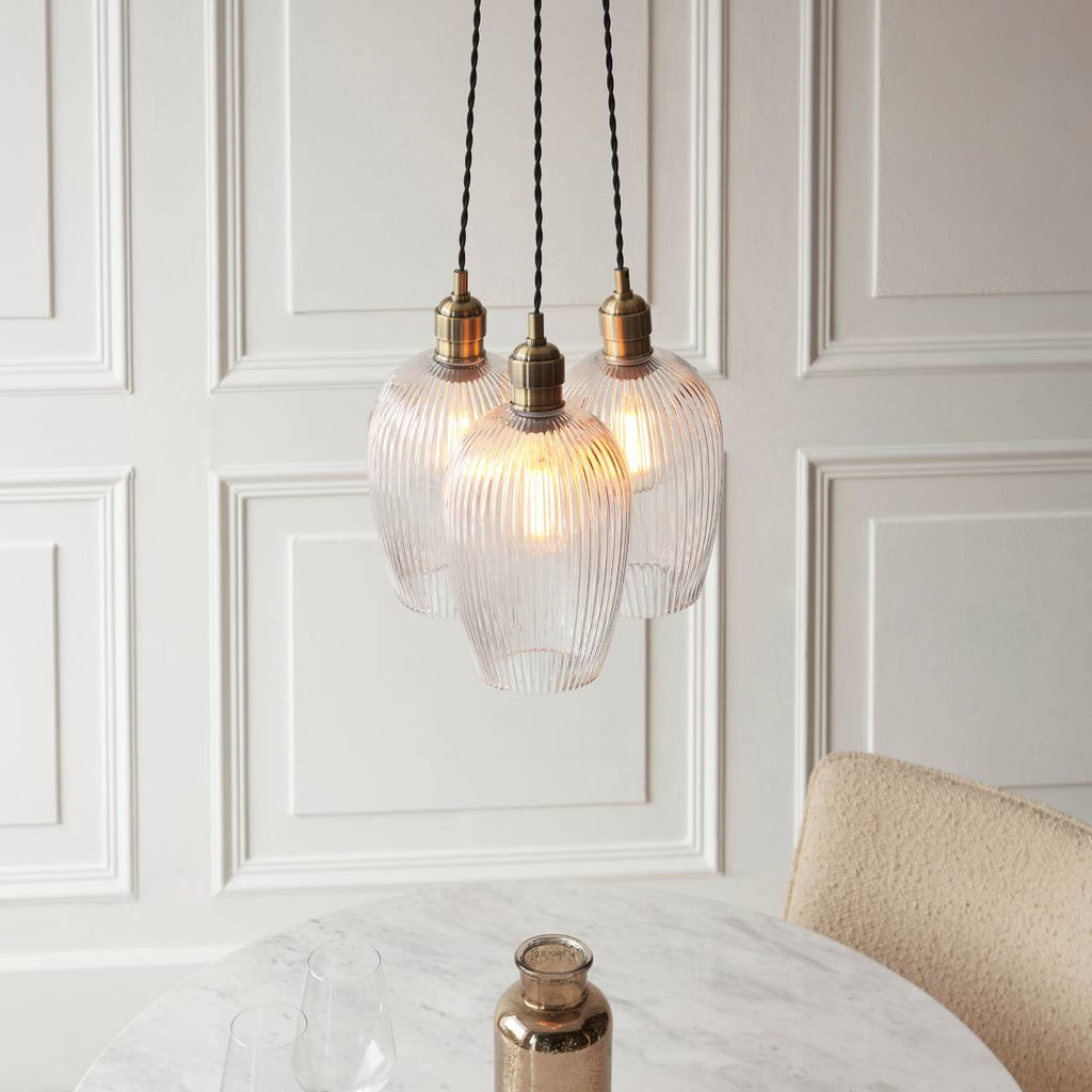 Novena Tarn 3 Light Cluster Pendant in Antique Brass with Clear Ribbed Glass Shades