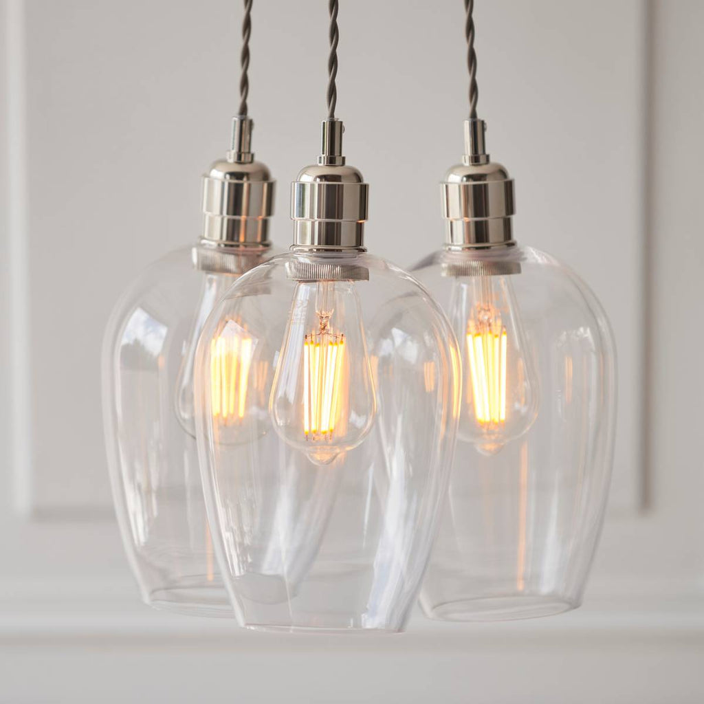Novena Tarn 3 Light Cluster Pendant in Bright Nickel with Clear Glass Shades