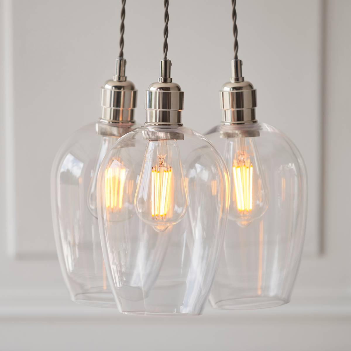Novena Tarn 3 Light Cluster Pendant in Bright Nickel with Clear Glass Shades