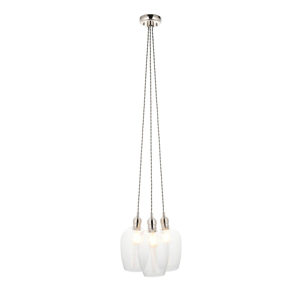 Novena Tarn 3 Light Cluster Pendant in Bright Nickel with Clear Glass Shades