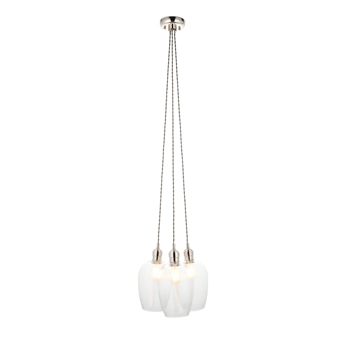 Novena Tarn 3 Light Cluster Pendant in Bright Nickel with Clear Glass Shades