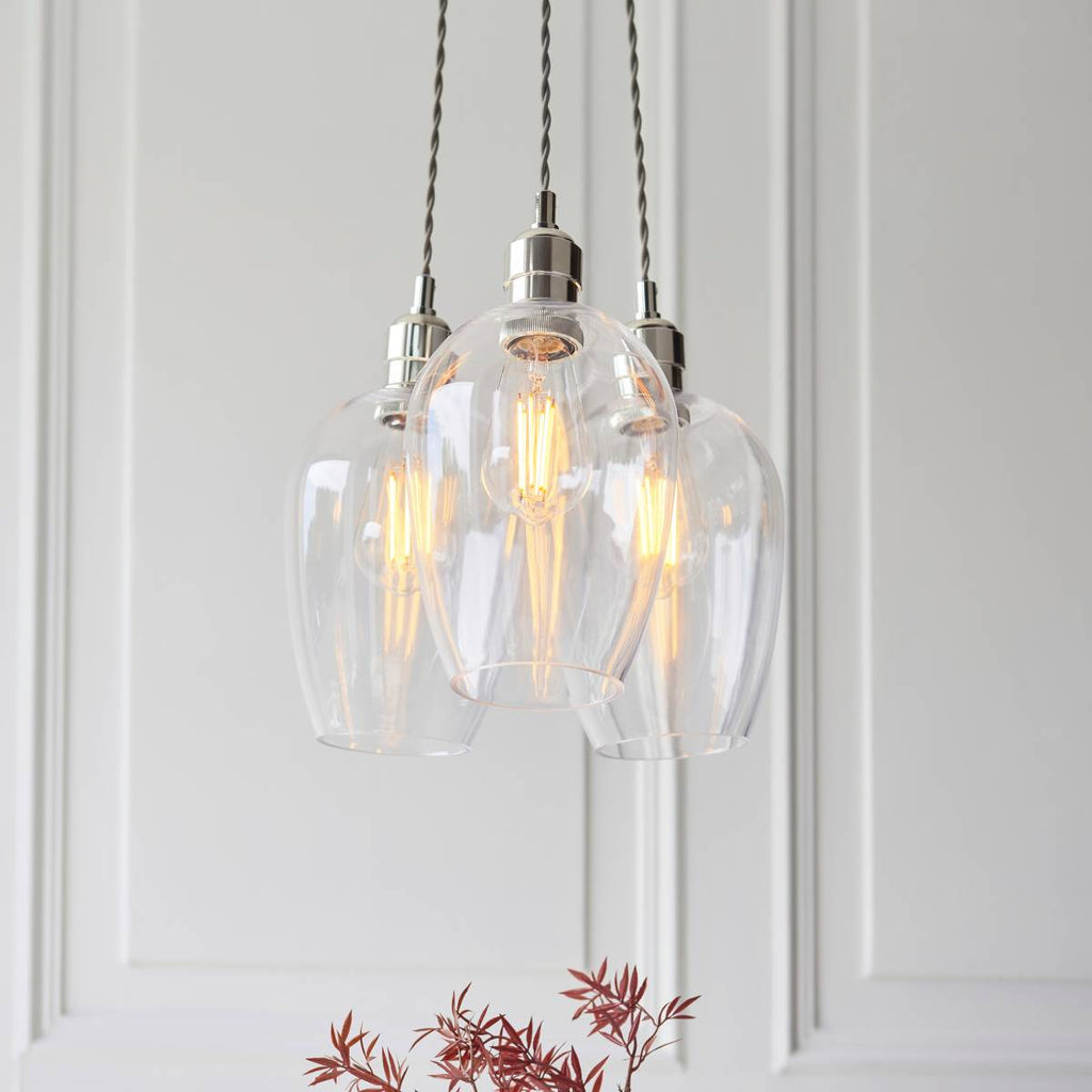 Novena Tarn 3 Light Cluster Pendant in Bright Nickel with Clear Glass Shades