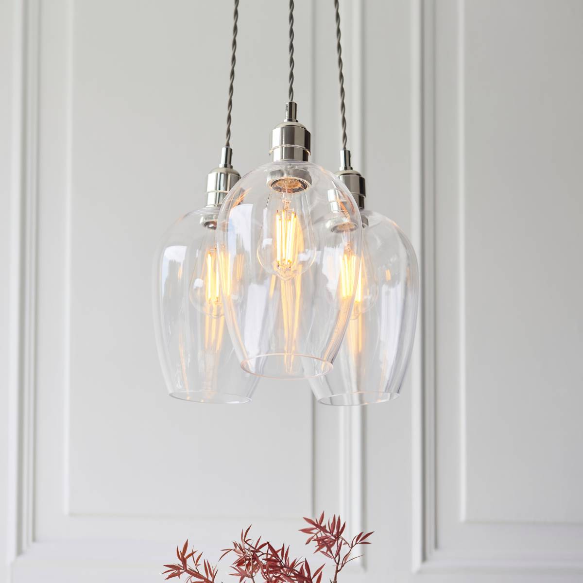 Novena Tarn 3 Light Cluster Pendant in Bright Nickel with Clear Glass Shades