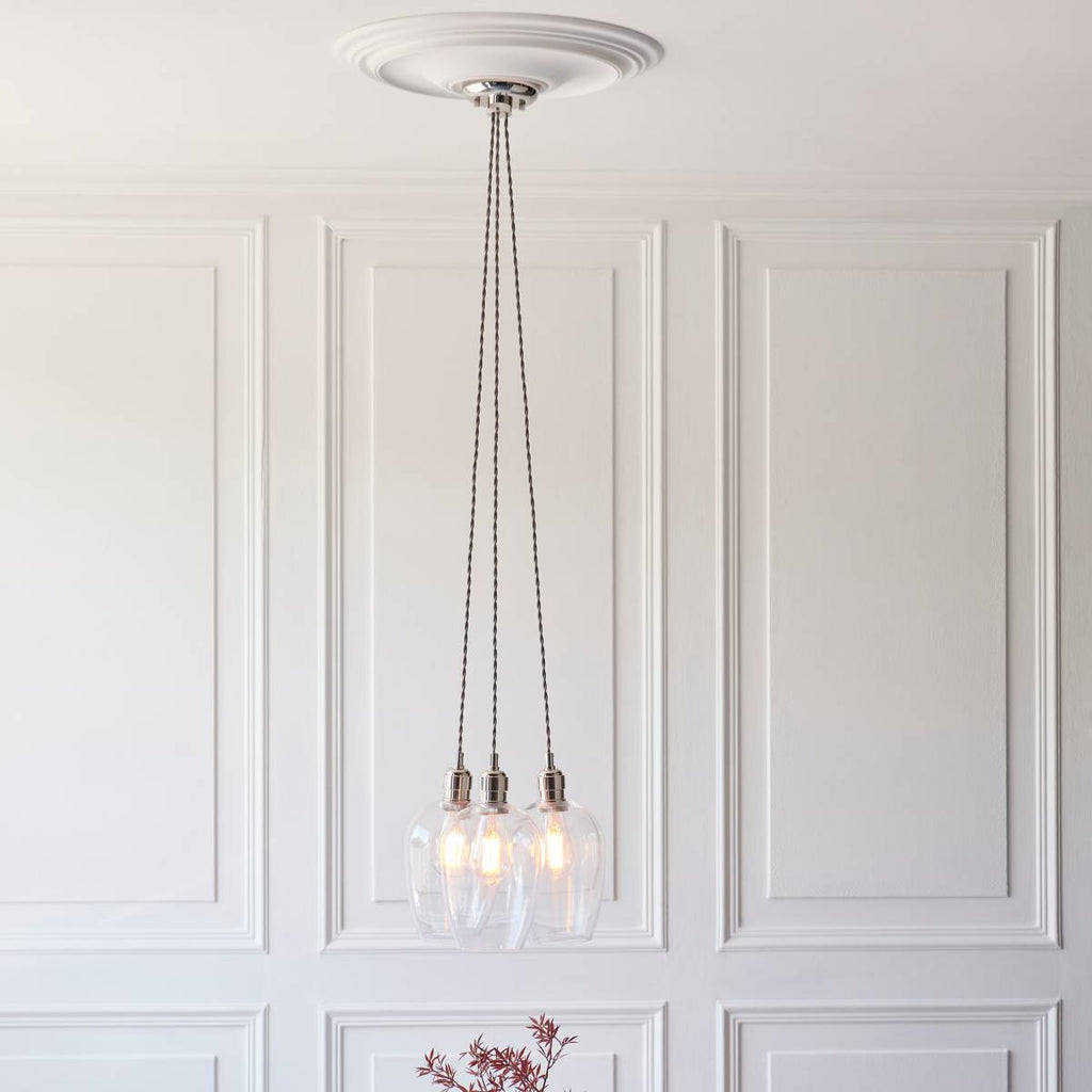 Novena Tarn 3 Light Cluster Pendant in Bright Nickel with Clear Glass Shades