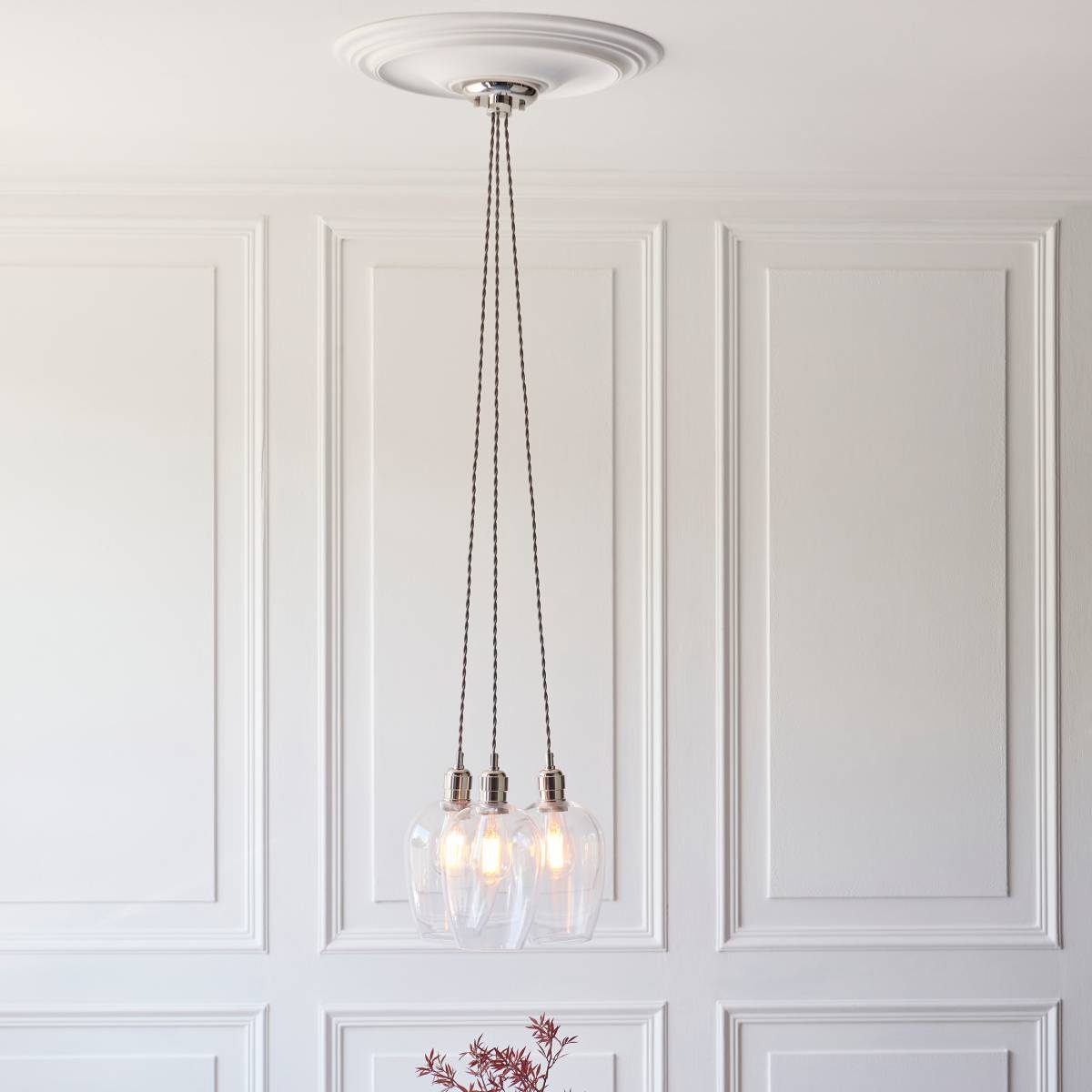 Novena Tarn 3 Light Cluster Pendant in Bright Nickel with Clear Glass Shades