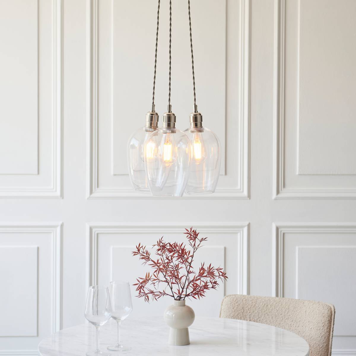 Novena Tarn 3 Light Cluster Pendant in Bright Nickel with Clear Glass Shades