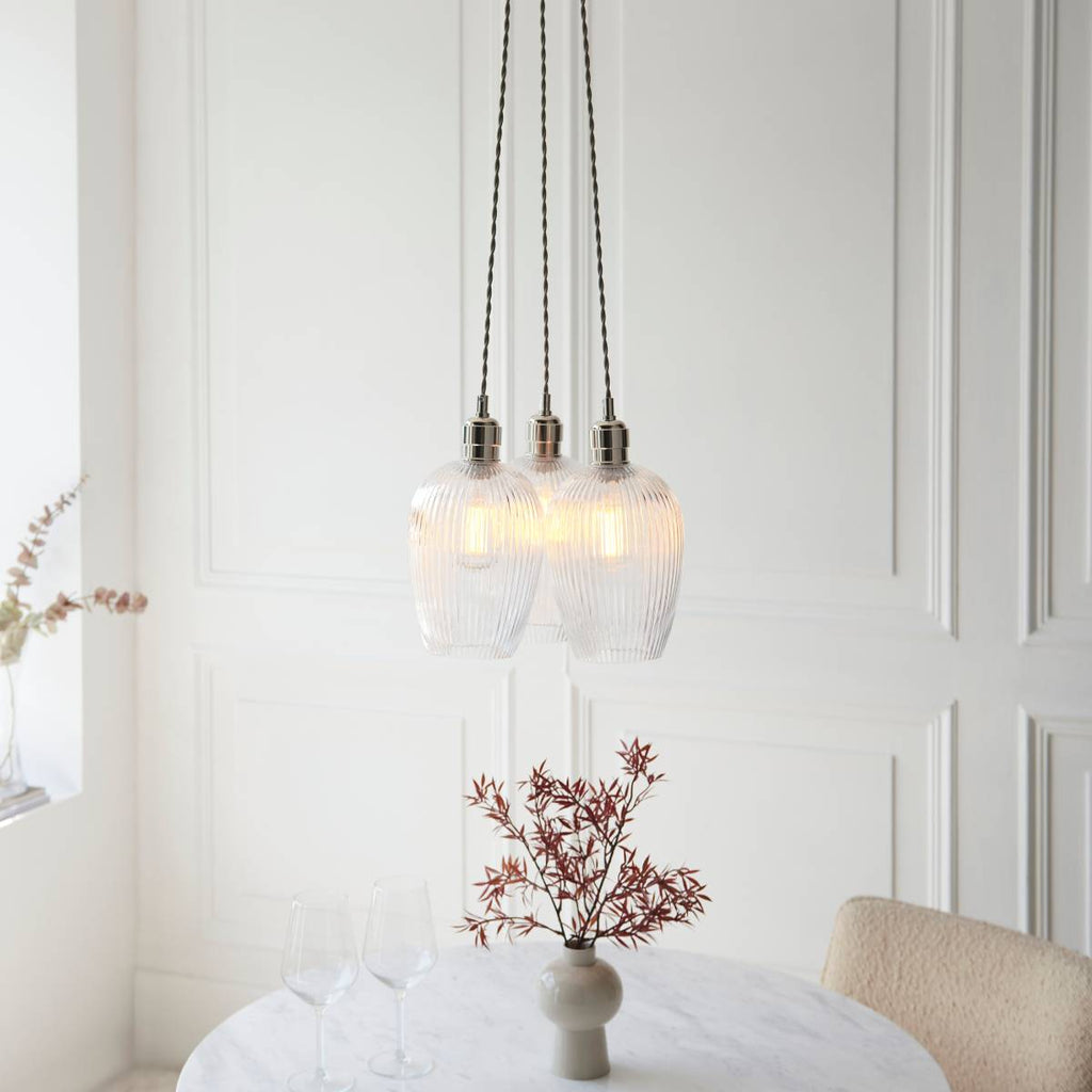 Novena Tarn 3 Light Cluster Pendant in Bright Nickel with Clear Ribbed Glass Shades