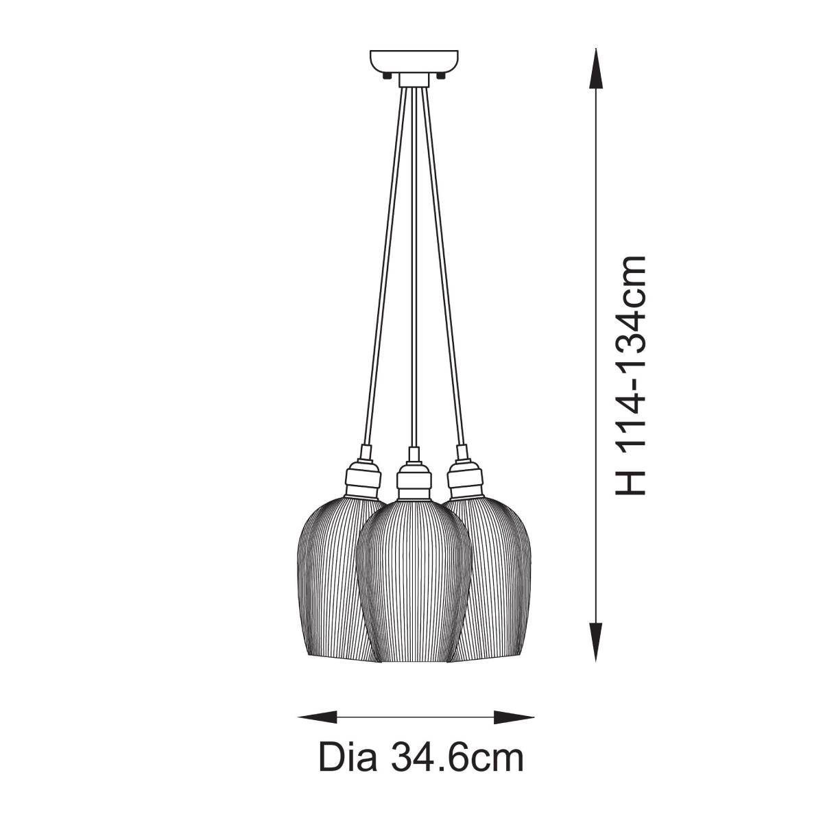 Novena Tarn 3 Light Cluster Pendant in Bright Nickel with Clear Ribbed Glass Shades