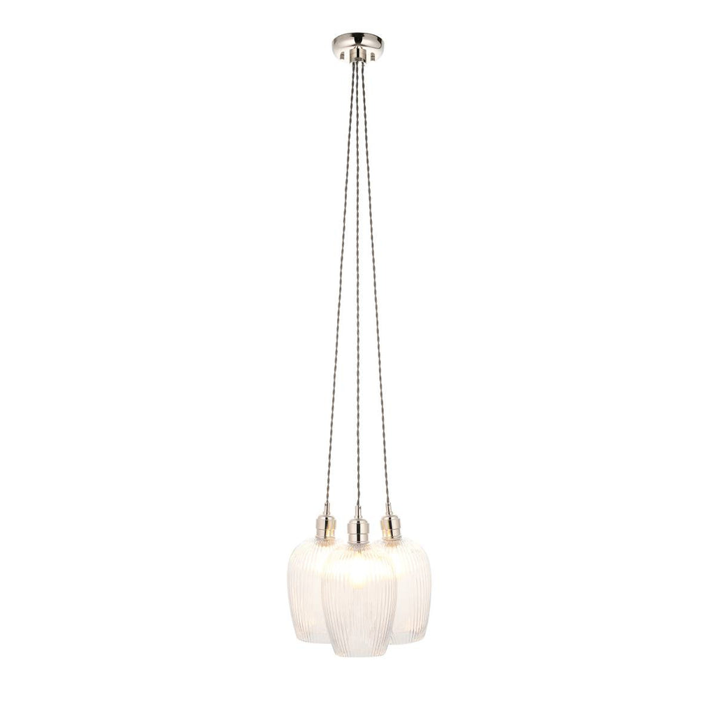 Novena Tarn 3 Light Cluster Pendant in Bright Nickel with Clear Ribbed Glass Shades