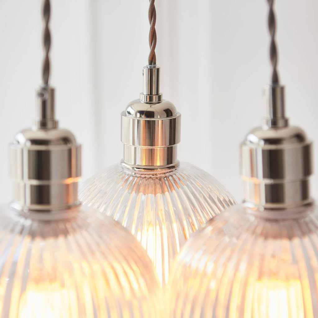 Novena Tarn 3 Light Cluster Pendant in Bright Nickel with Clear Ribbed Glass Shades