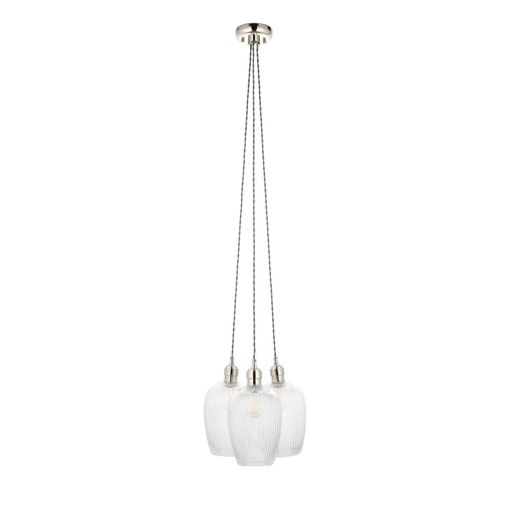 Novena Tarn 3 Light Cluster Pendant in Bright Nickel with Clear Ribbed Glass Shades