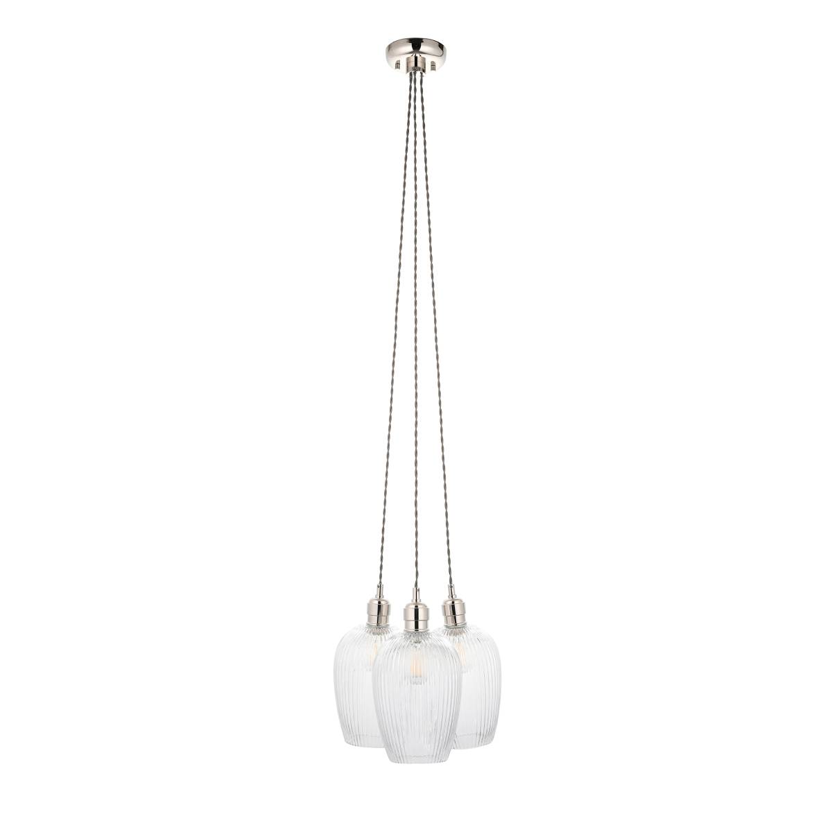 Novena Tarn 3 Light Cluster Pendant in Bright Nickel with Clear Ribbed Glass Shades