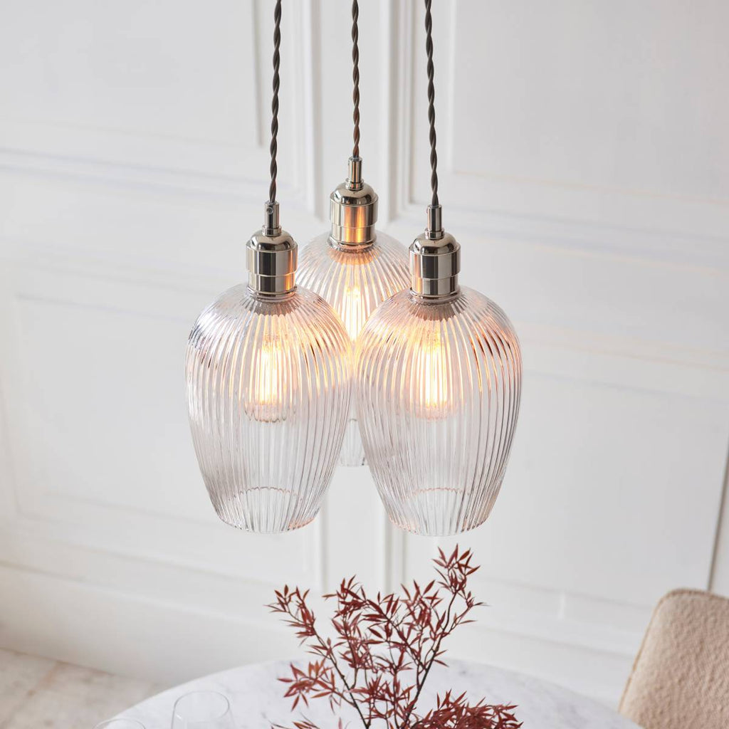 Novena Tarn 3 Light Cluster Pendant in Bright Nickel with Clear Ribbed Glass Shades