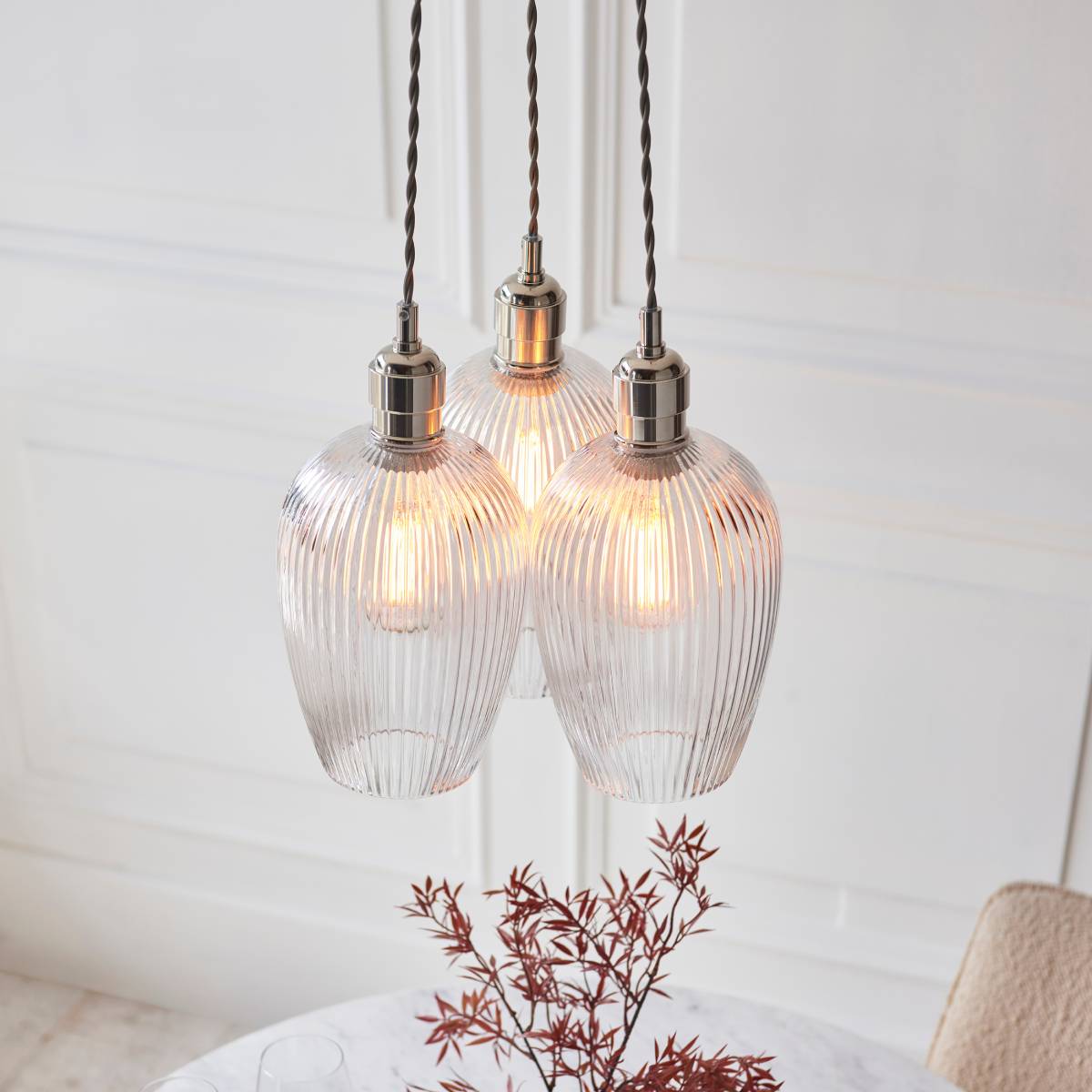 Novena Tarn 3 Light Cluster Pendant in Bright Nickel with Clear Ribbed Glass Shades