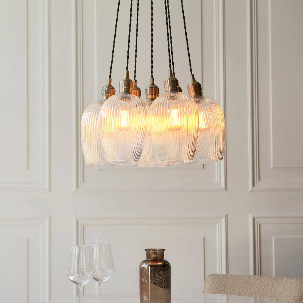 Novena Tarn 7 Light Cluster Pendant Antique Brass with Clear Ribbed Glass Shades