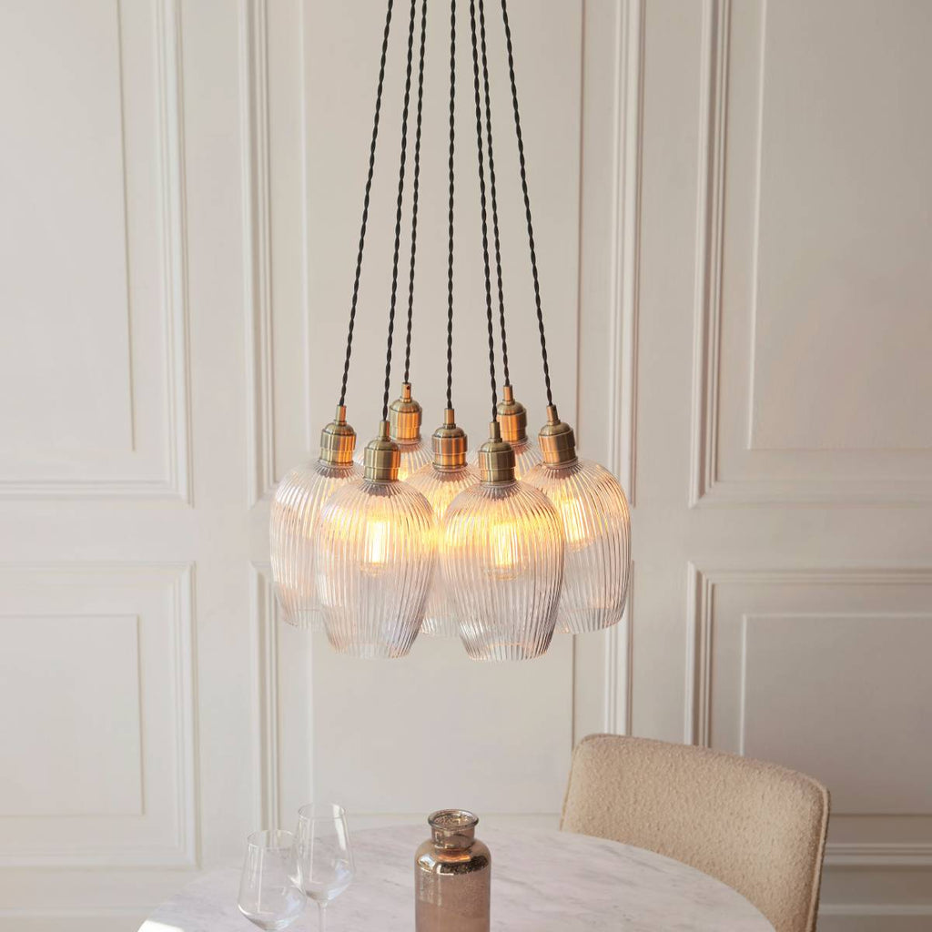 Novena Tarn 7 Light Cluster Pendant Antique Brass with Clear Ribbed Glass Shades
