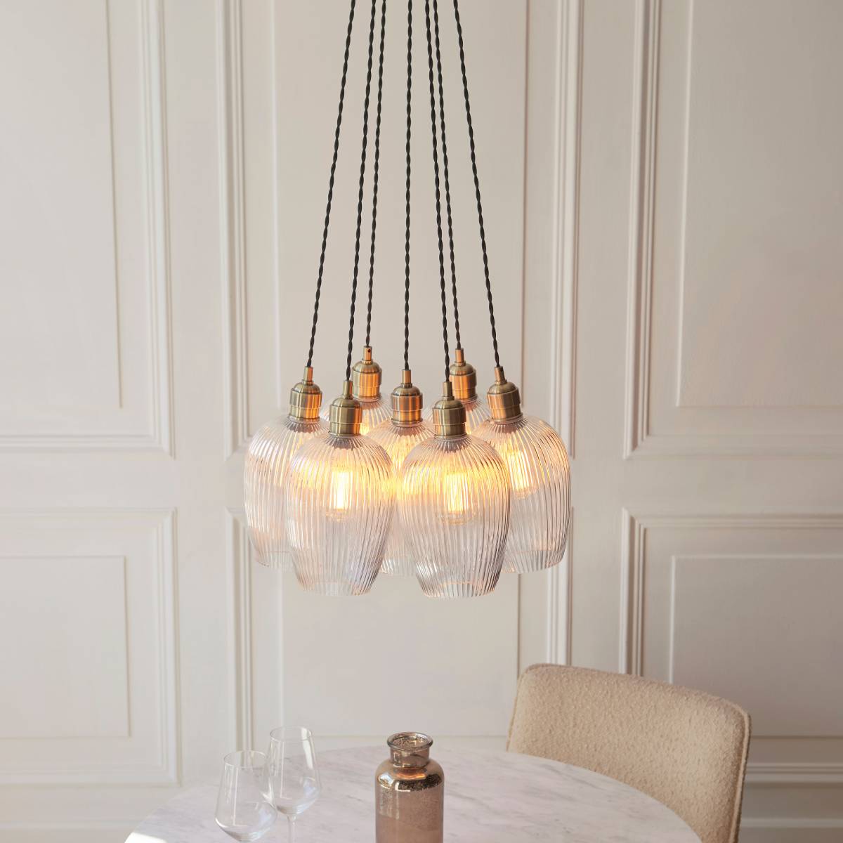 Novena Tarn 7 Light Cluster Pendant Antique Brass with Clear Ribbed Glass Shades
