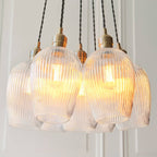 Novena Tarn 7 Light Cluster Pendant Antique Brass with Clear Ribbed Glass Shades