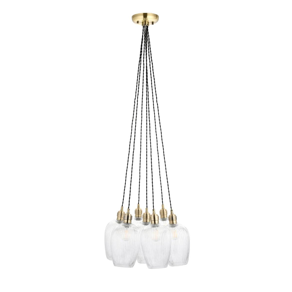 Novena Tarn 7 Light Cluster Pendant Antique Brass with Clear Ribbed Glass Shades