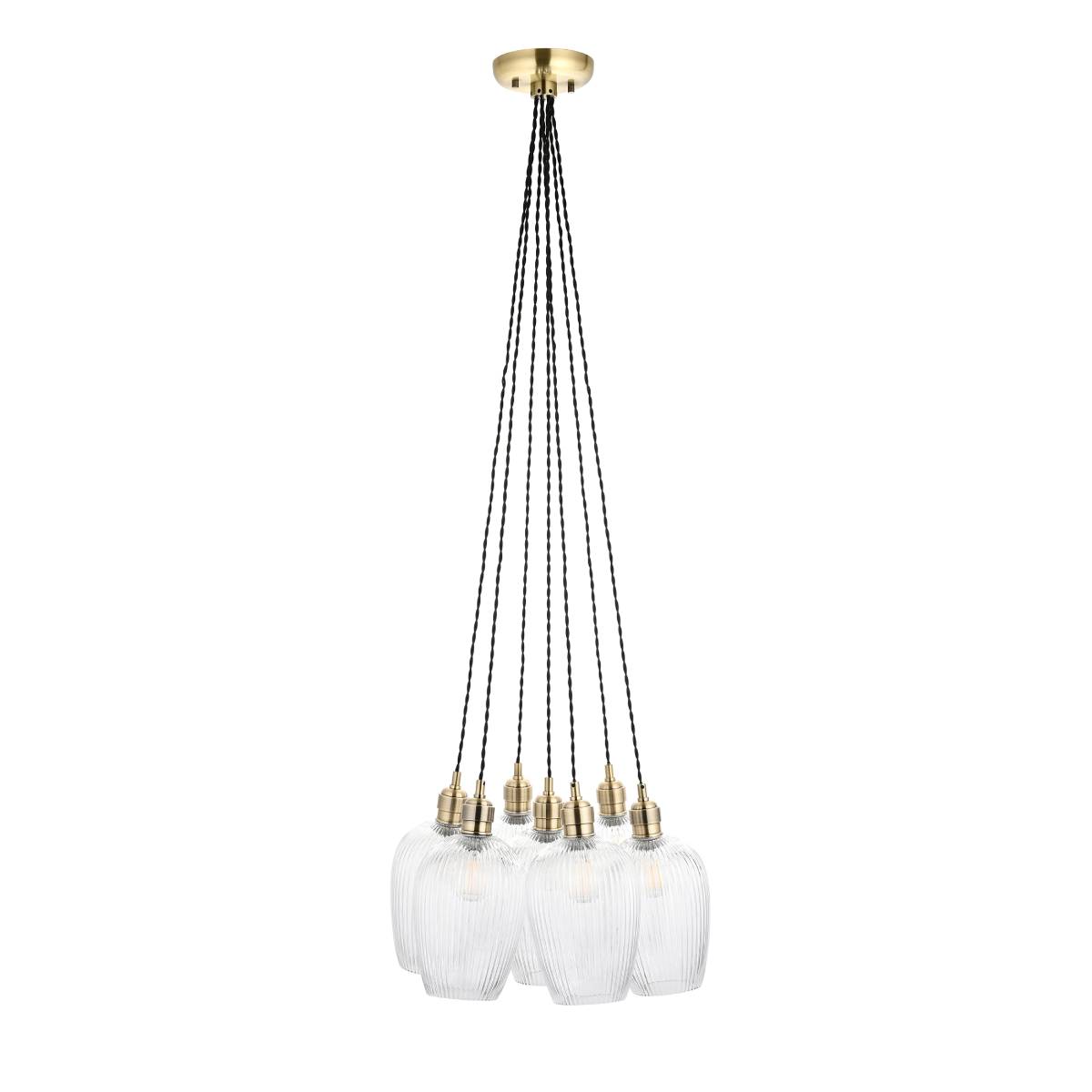 Novena Tarn 7 Light Cluster Pendant Antique Brass with Clear Ribbed Glass Shades
