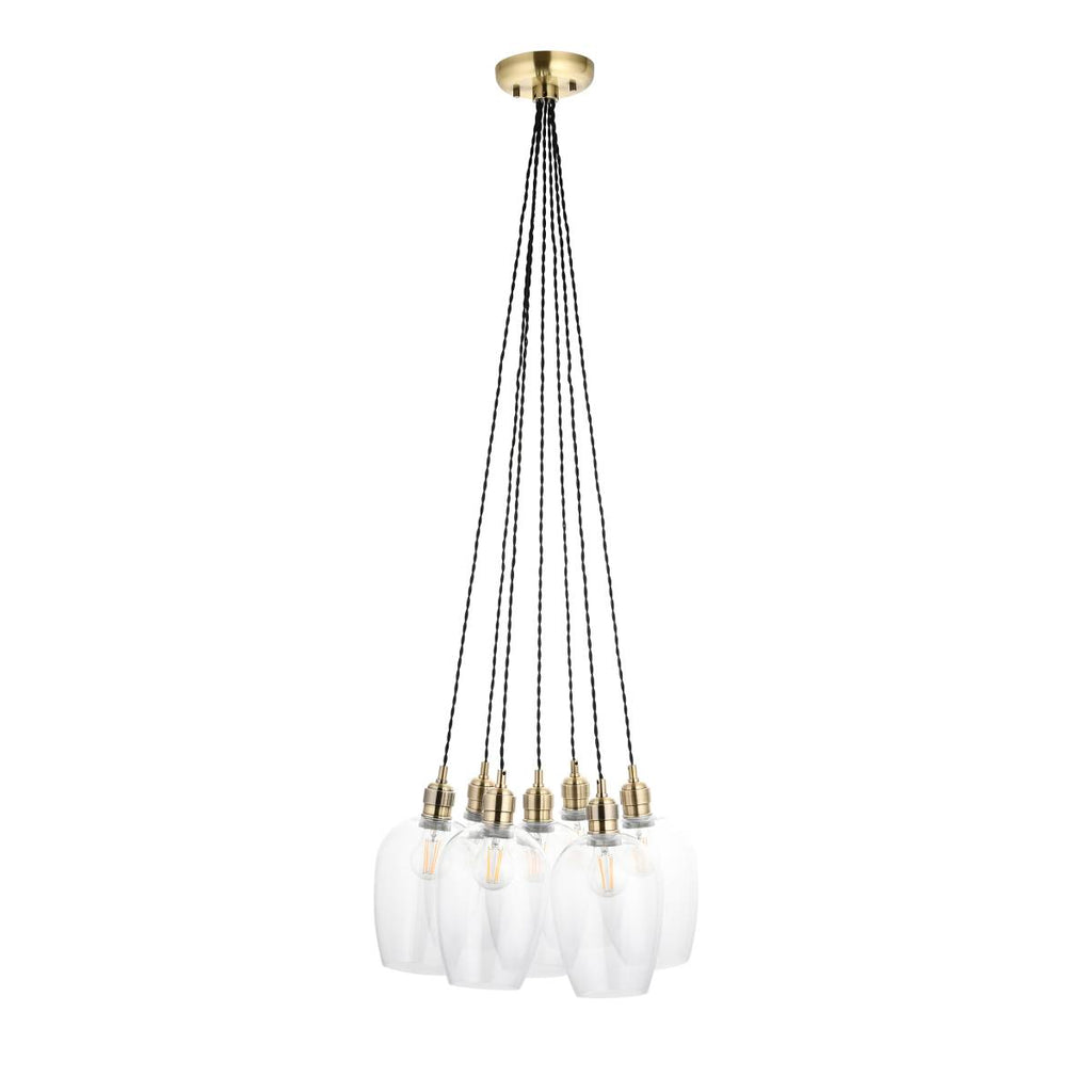 Novena Tarn 7 Light Cluster Pendant in Antique Brass with Clear Glass Shades