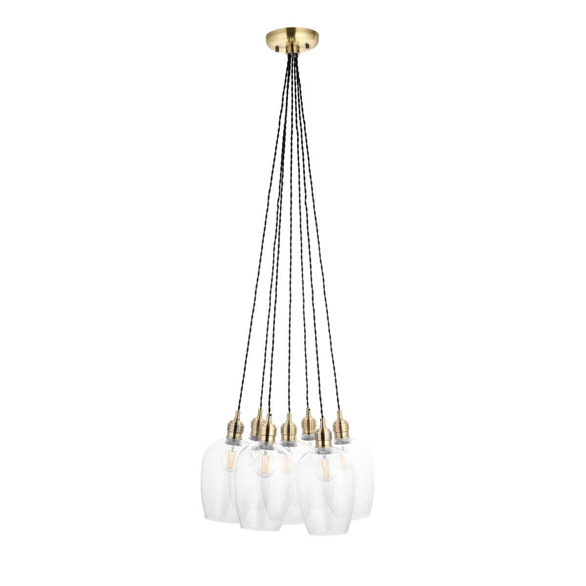 Novena Tarn 7 Light Cluster Pendant in Antique Brass with Clear Glass Shades