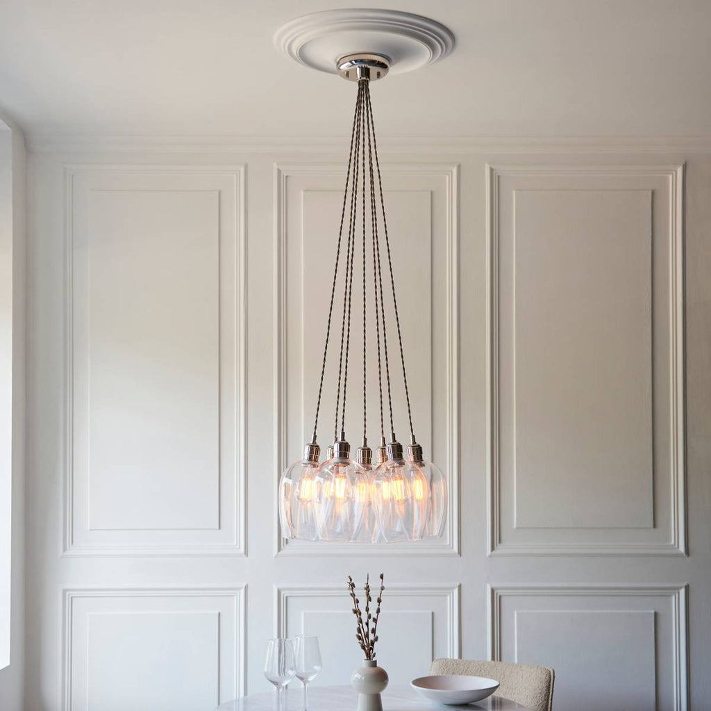 Novena Tarn 7 Light Cluster Pendant in Bright Nickel with Clear Glass Shades