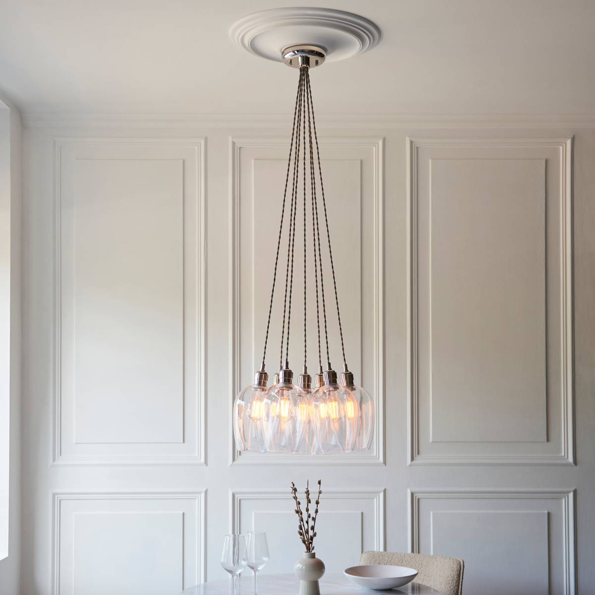 Novena Tarn 7 Light Cluster Pendant in Bright Nickel with Clear Glass Shades