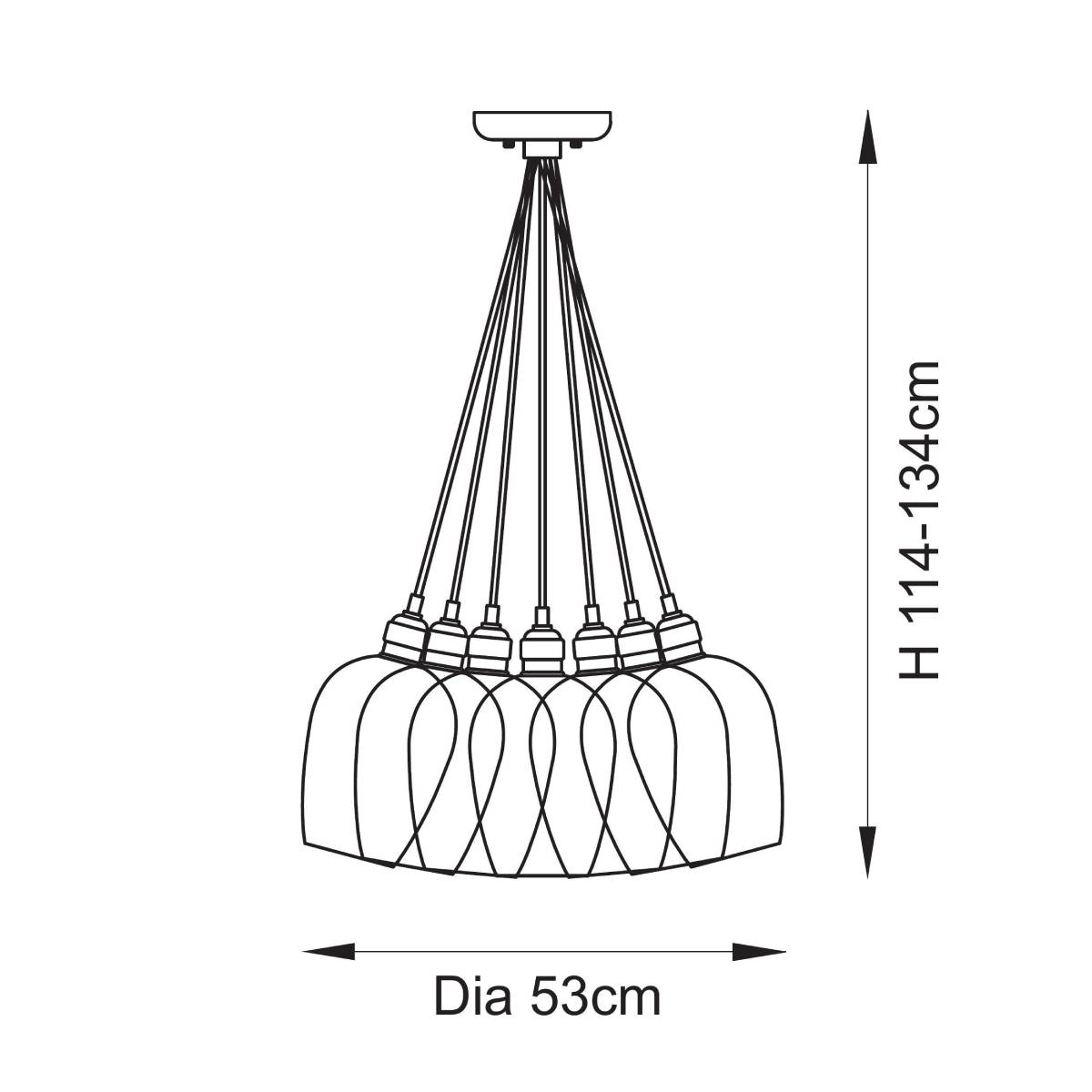 Novena Tarn 7 Light Cluster Pendant in Bright Nickel with Clear Glass Shades