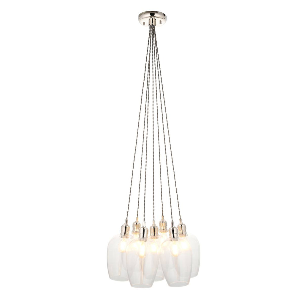 Novena Tarn 7 Light Cluster Pendant in Bright Nickel with Clear Glass Shades