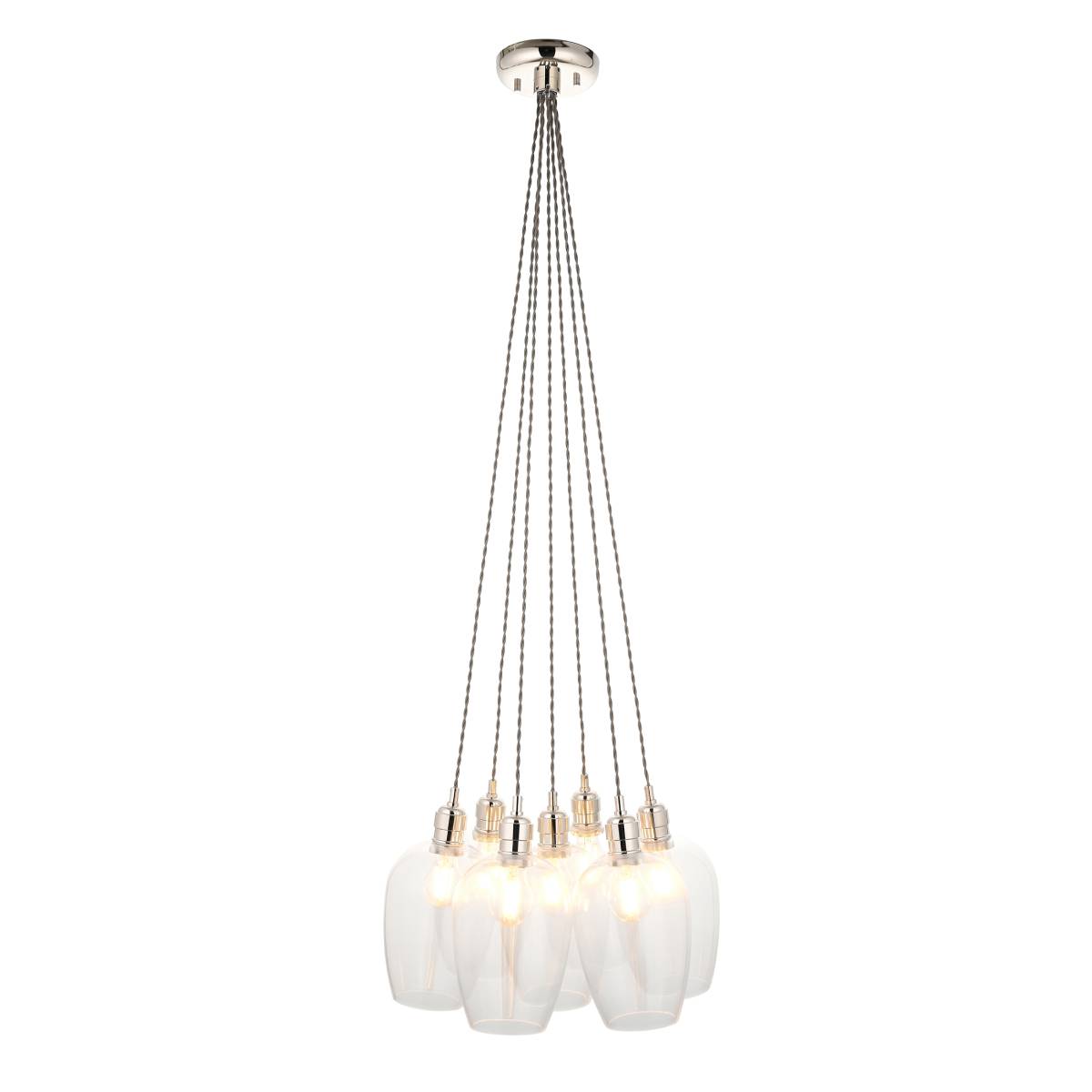 Novena Tarn 7 Light Cluster Pendant in Bright Nickel with Clear Glass Shades