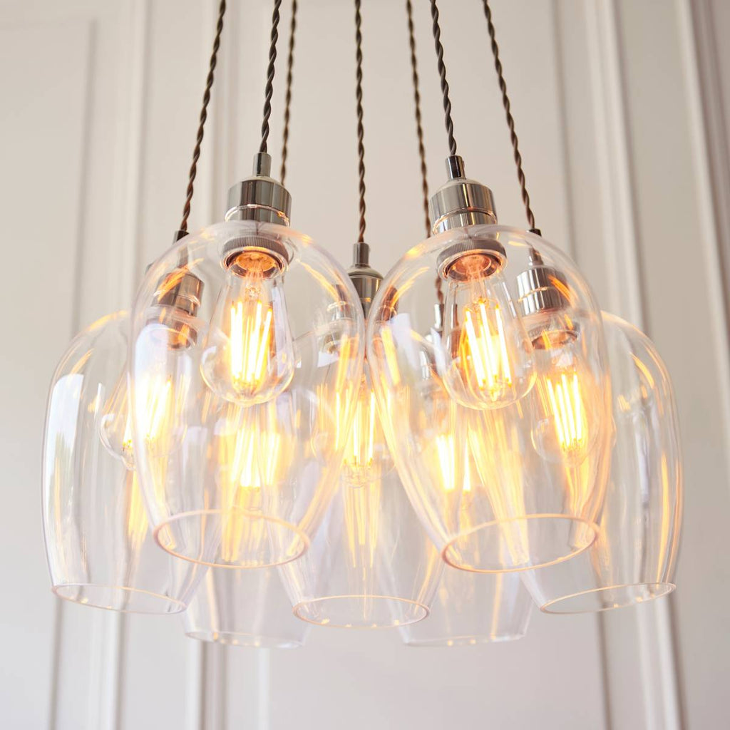 Novena Tarn 7 Light Cluster Pendant in Bright Nickel with Clear Glass Shades