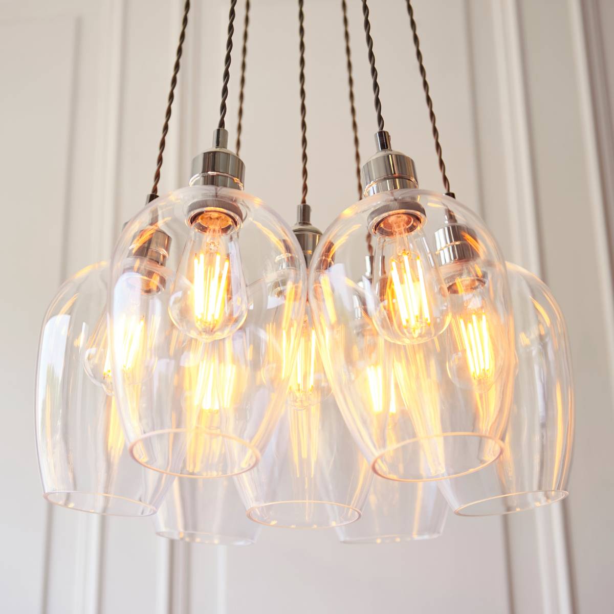 Novena Tarn 7 Light Cluster Pendant in Bright Nickel with Clear Glass Shades