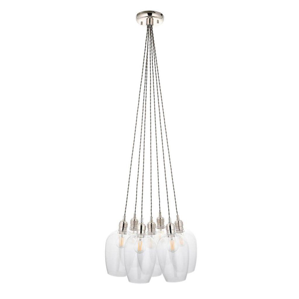 Novena Tarn 7 Light Cluster Pendant in Bright Nickel with Clear Glass Shades