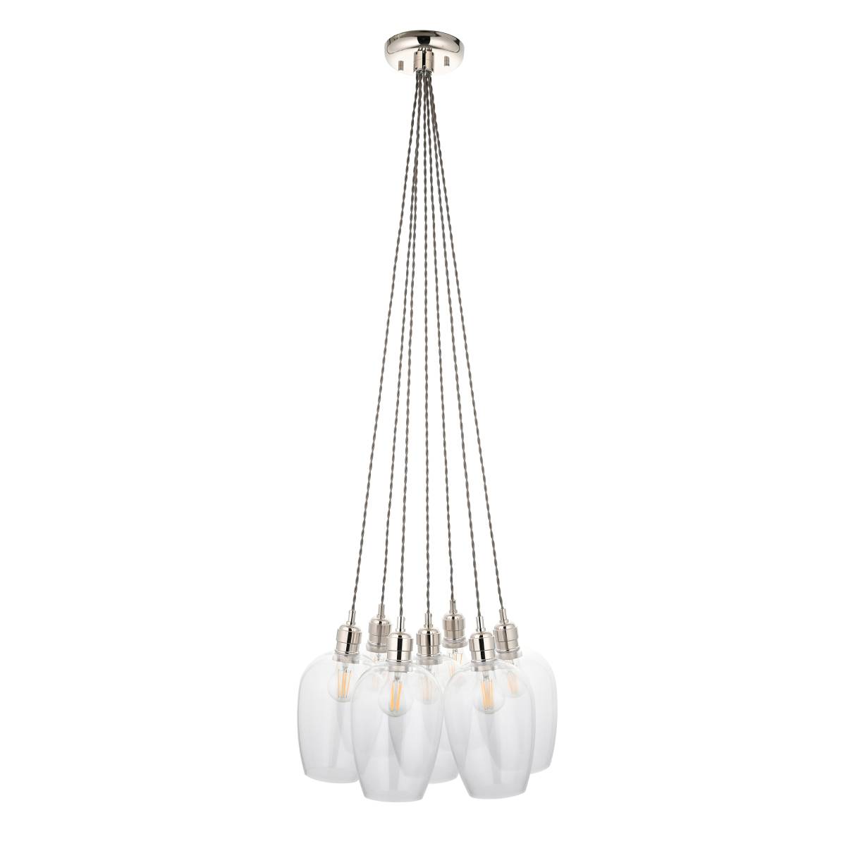 Novena Tarn 7 Light Cluster Pendant in Bright Nickel with Clear Glass Shades