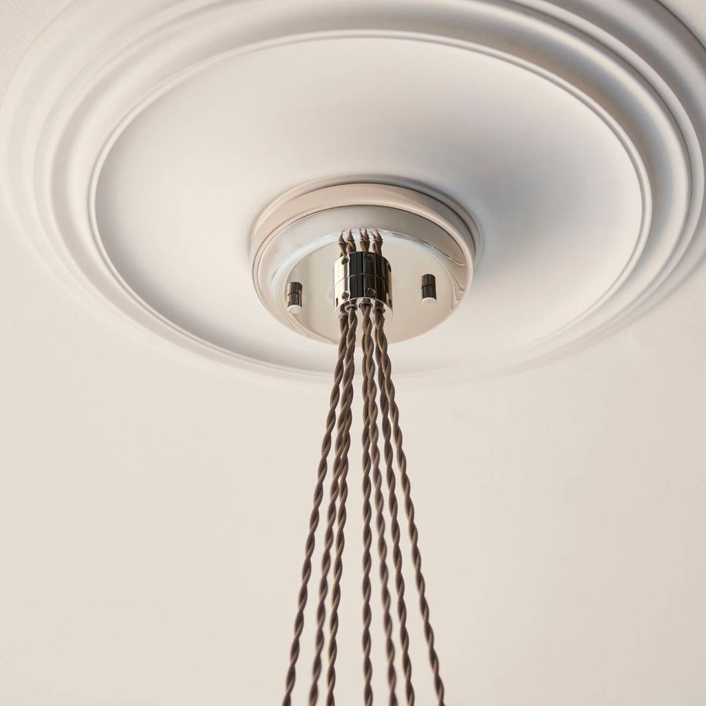 Novena Tarn 7 Light Cluster Pendant in Bright Nickel with Clear Glass Shades