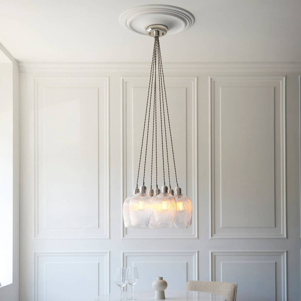 Novena Tarn 7 Light Cluster Pendant in Bright Nickel with Clear Ribbed Glass Shades