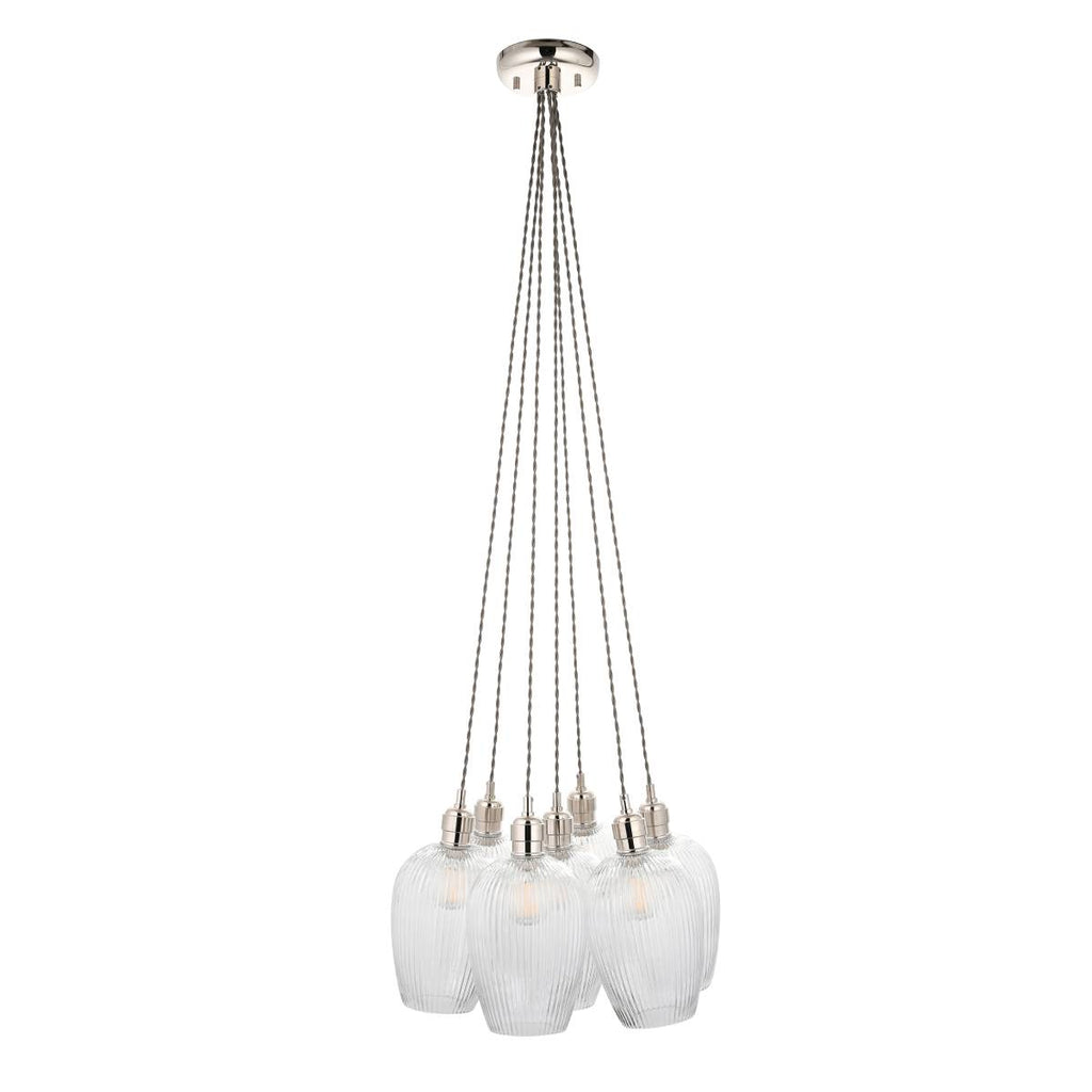 Novena Tarn 7 Light Cluster Pendant in Bright Nickel with Clear Ribbed Glass Shades