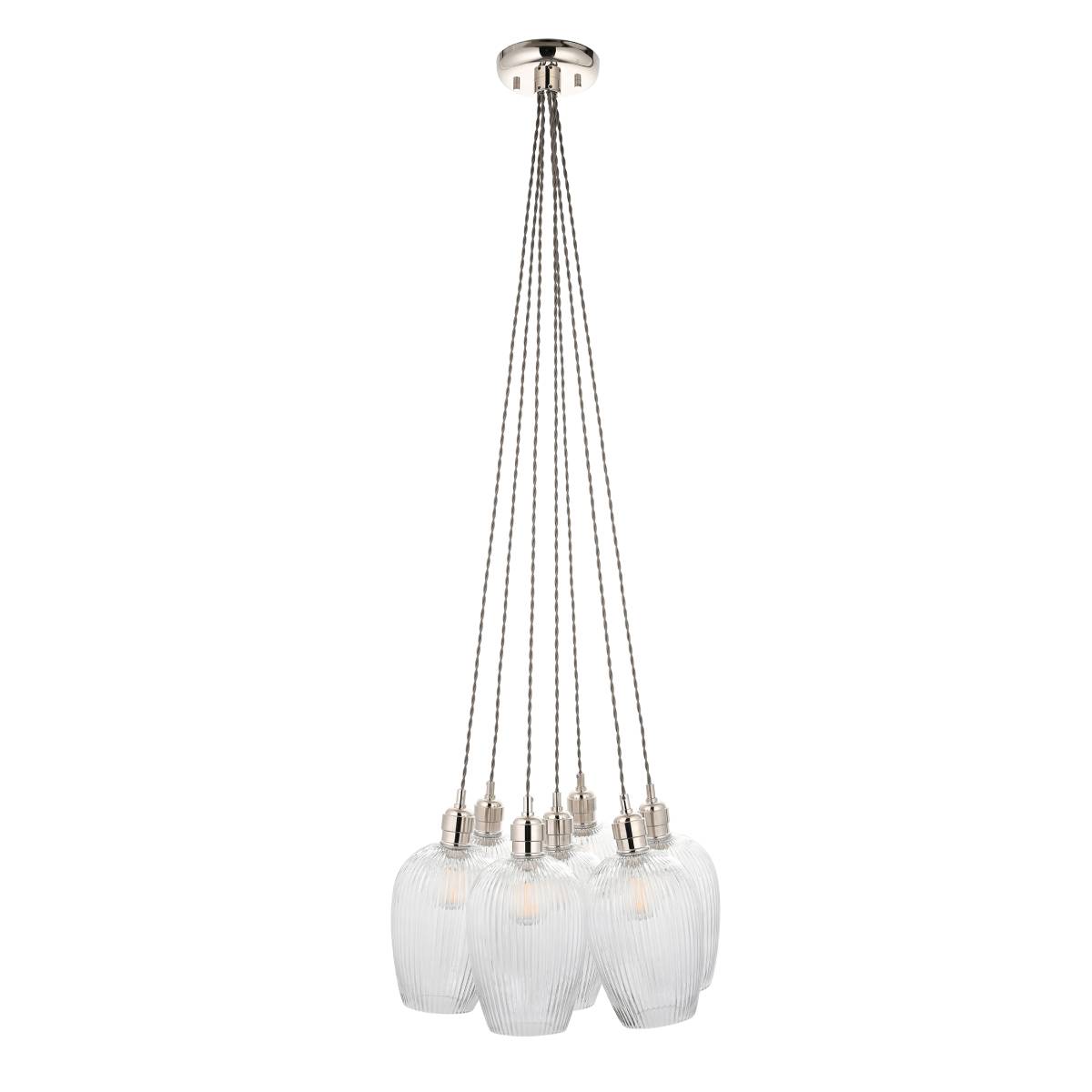 Novena Tarn 7 Light Cluster Pendant in Bright Nickel with Clear Ribbed Glass Shades