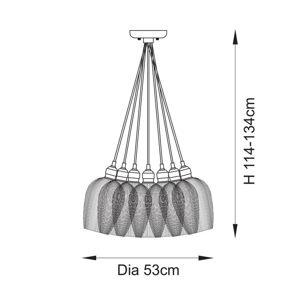 Novena Tarn 7 Light Cluster Pendant in Bright Nickel with Clear Ribbed Glass Shades