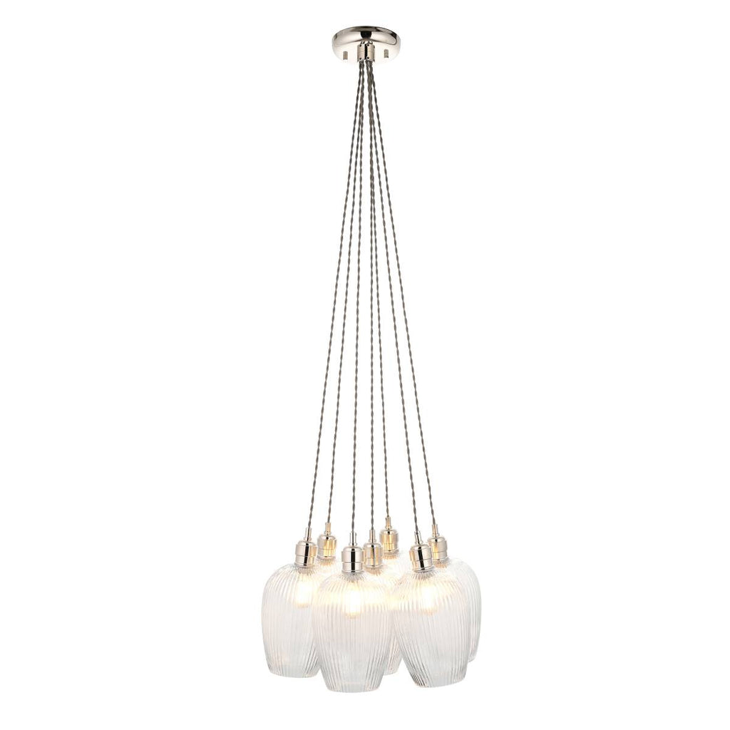 Novena Tarn 7 Light Cluster Pendant in Bright Nickel with Clear Ribbed Glass Shades