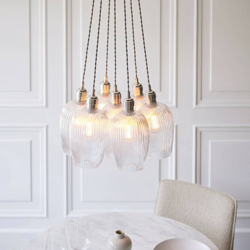 Novena Tarn 7 Light Cluster Pendant in Bright Nickel with Clear Ribbed Glass Shades
