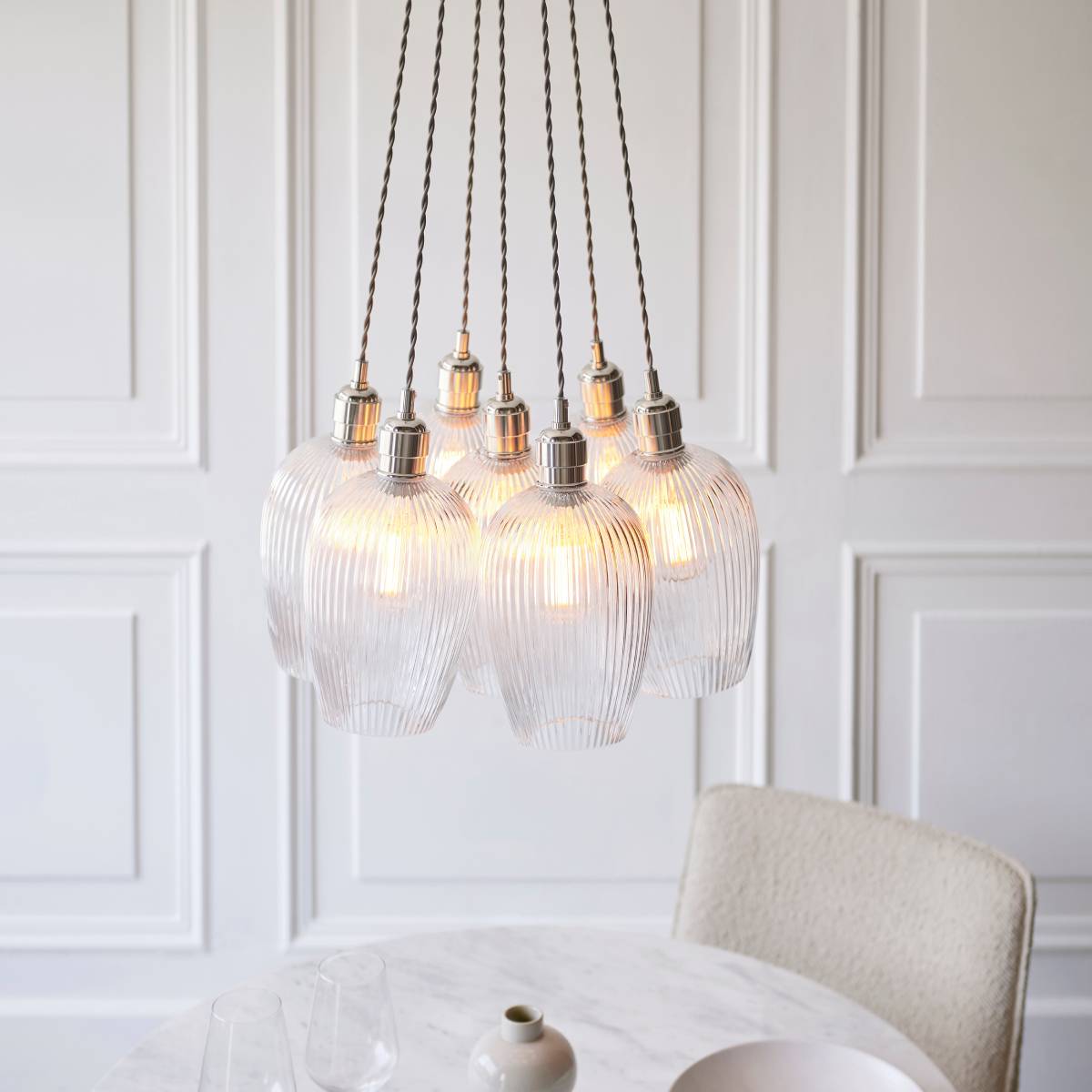 Novena Tarn 7 Light Cluster Pendant in Bright Nickel with Clear Ribbed Glass Shades