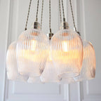 Novena Tarn 7 Light Cluster Pendant in Bright Nickel with Clear Ribbed Glass Shades