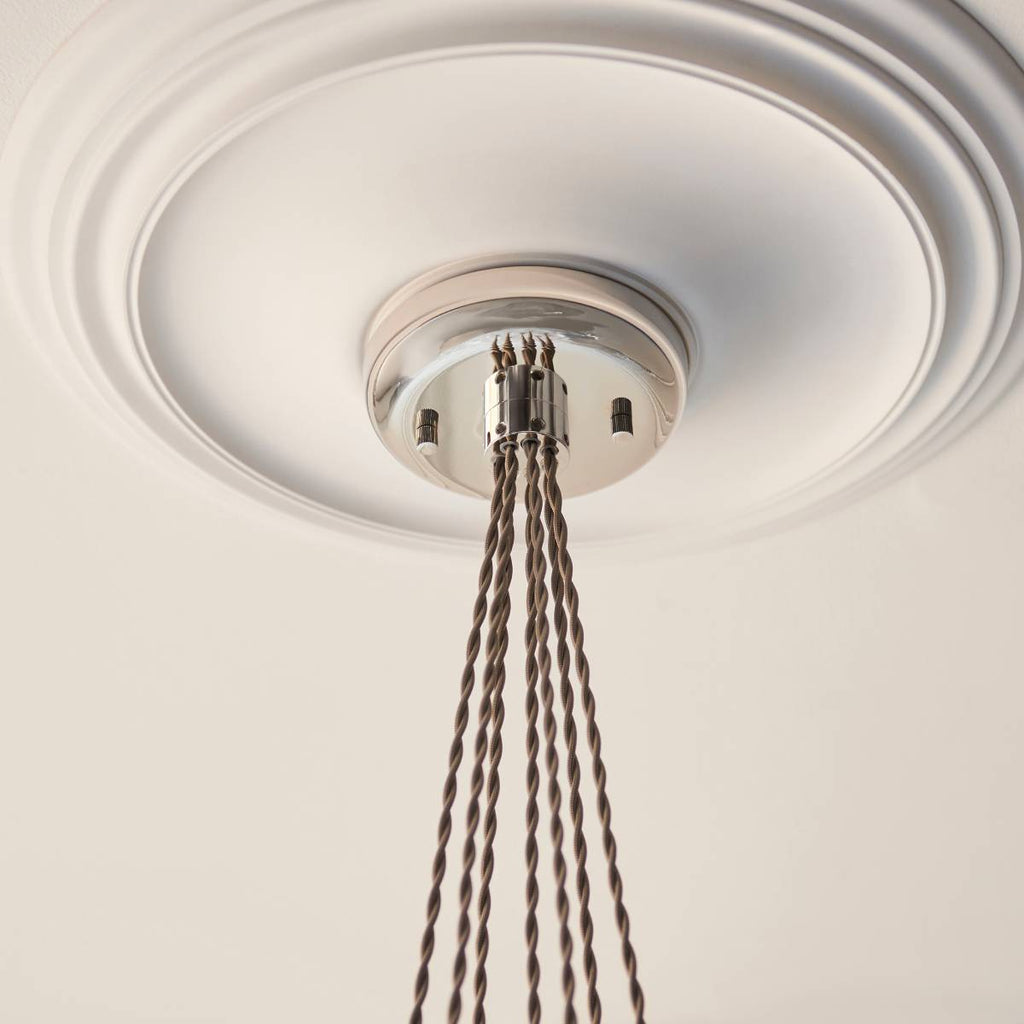 Novena Tarn 7 Light Cluster Pendant in Bright Nickel with Clear Ribbed Glass Shades