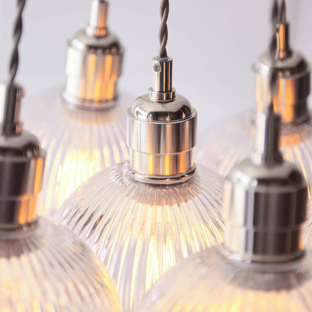 Novena Tarn 7 Light Cluster Pendant in Bright Nickel with Clear Ribbed Glass Shades
