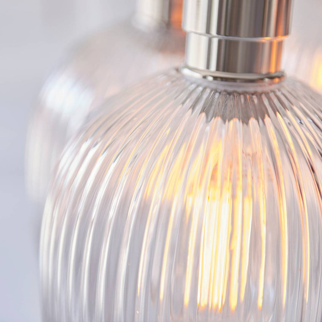 Novena Tarn 7 Light Cluster Pendant in Bright Nickel with Clear Ribbed Glass Shades