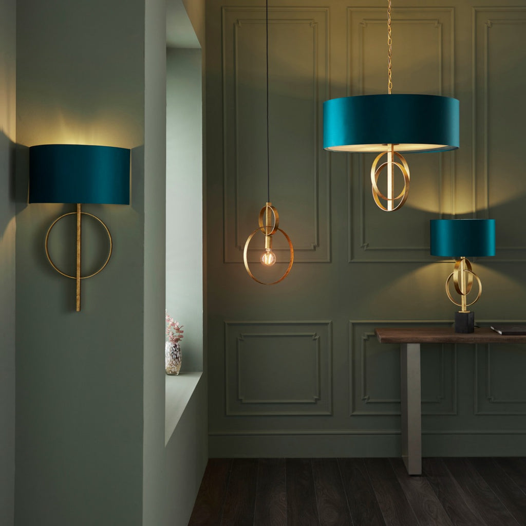 Novena Tome 1 Light Table Lamp Antique Gold Leaf Teal Satin Fabric